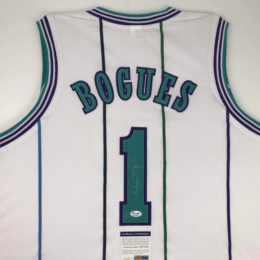 Autographed Muggsy Bogues custom jersey in white mesh with teal navy trim, number 1