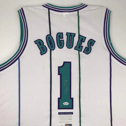 Autographed Muggsy Bogues custom jersey in white mesh with teal navy trim, number 1
