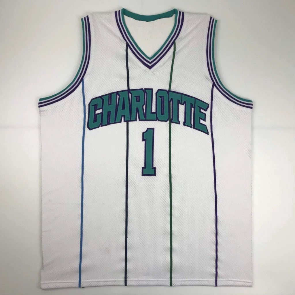 White Charlotte Hornets custom jersey with teal and purple trim, signed Muggsy Bogues sports league apparel