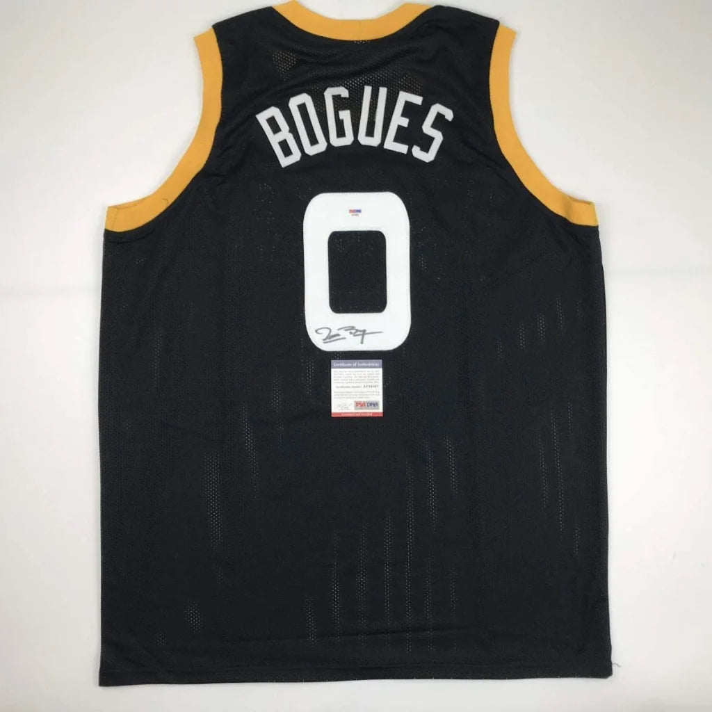 Black custom jersey with gold trim, BOGUES, signature, and authentication sticker for Space Jam Monstars collectibles