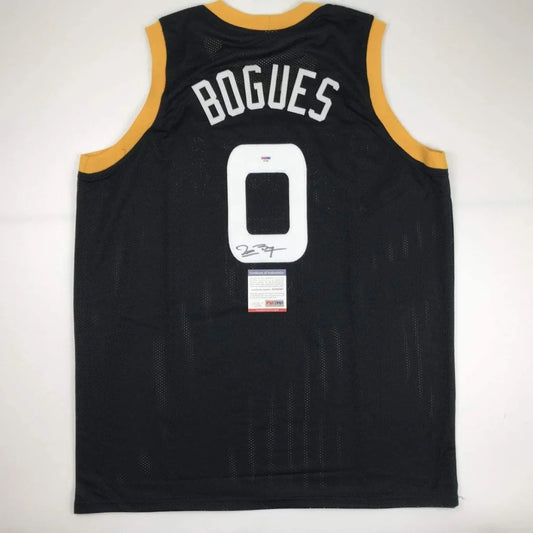 Black custom jersey with gold trim, BOGUES, signature, and authentication sticker for Space Jam Monstars collectibles