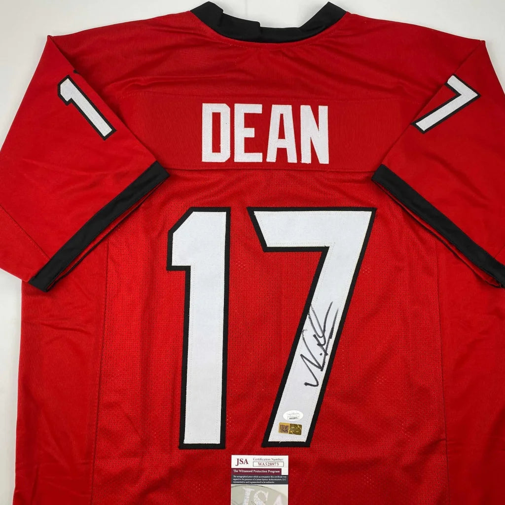 Autographed Nakobe Dean Georgia red custom jersey with black trim, number 17