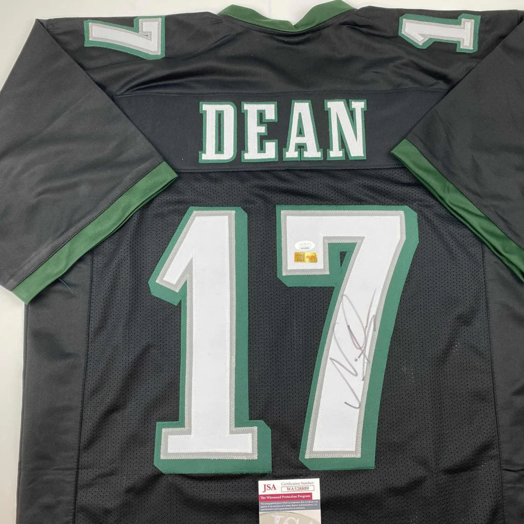 Black and green professional sports league custom jersey with DEAN 17 signature and stickers