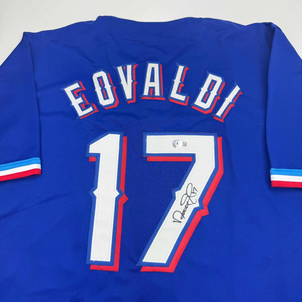 Blue Nathan Eovaldi Texas custom jersey with autograph and Beckett BAS COA for sale