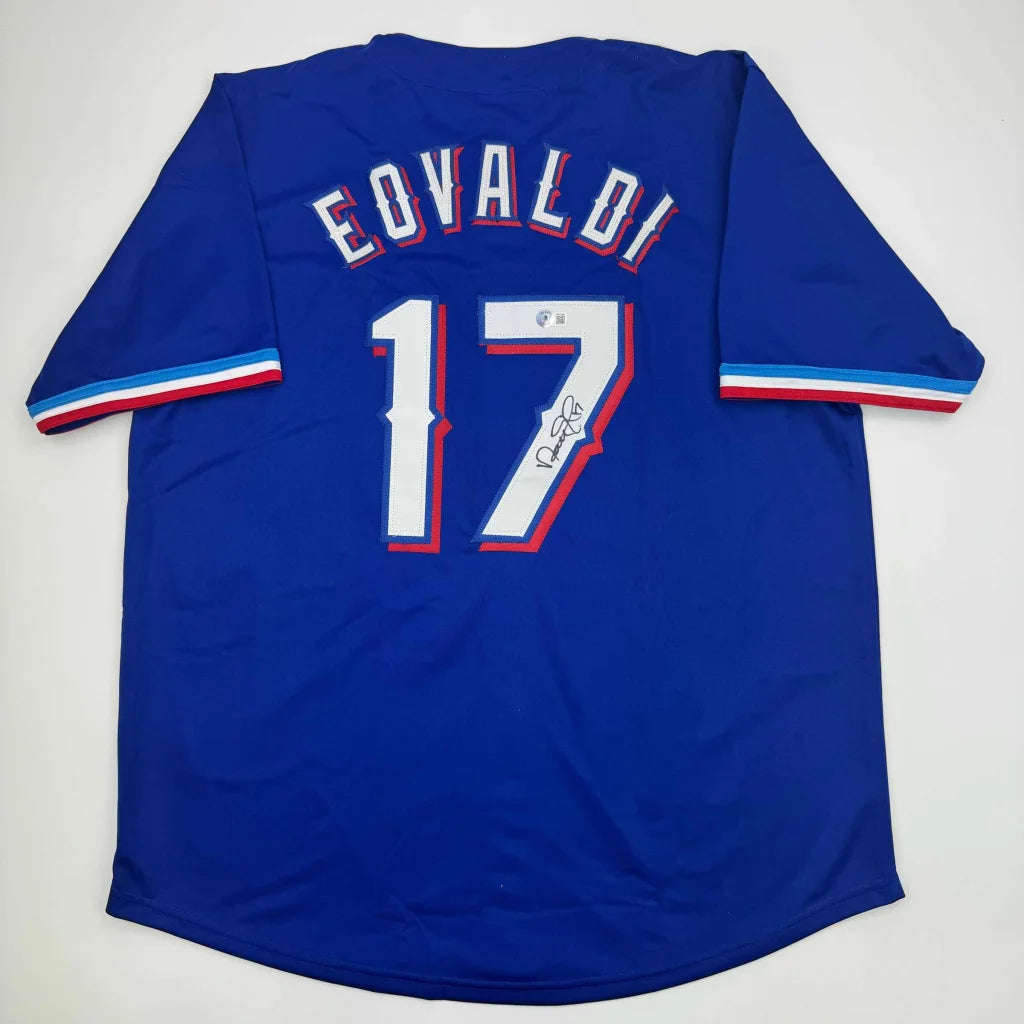 Autographed Nathan Eovaldi royal blue custom jersey with number 17, Beckett COA