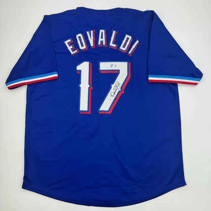 Autographed Nathan Eovaldi royal blue custom jersey with number 17, Beckett COA