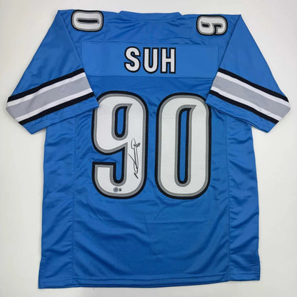 Autographed Ndamukong Suh Detroit Blue Football Jersey Beckett BAS COA | Hall of Fame Sports Memorabilia | vintageantiquesgifts.com