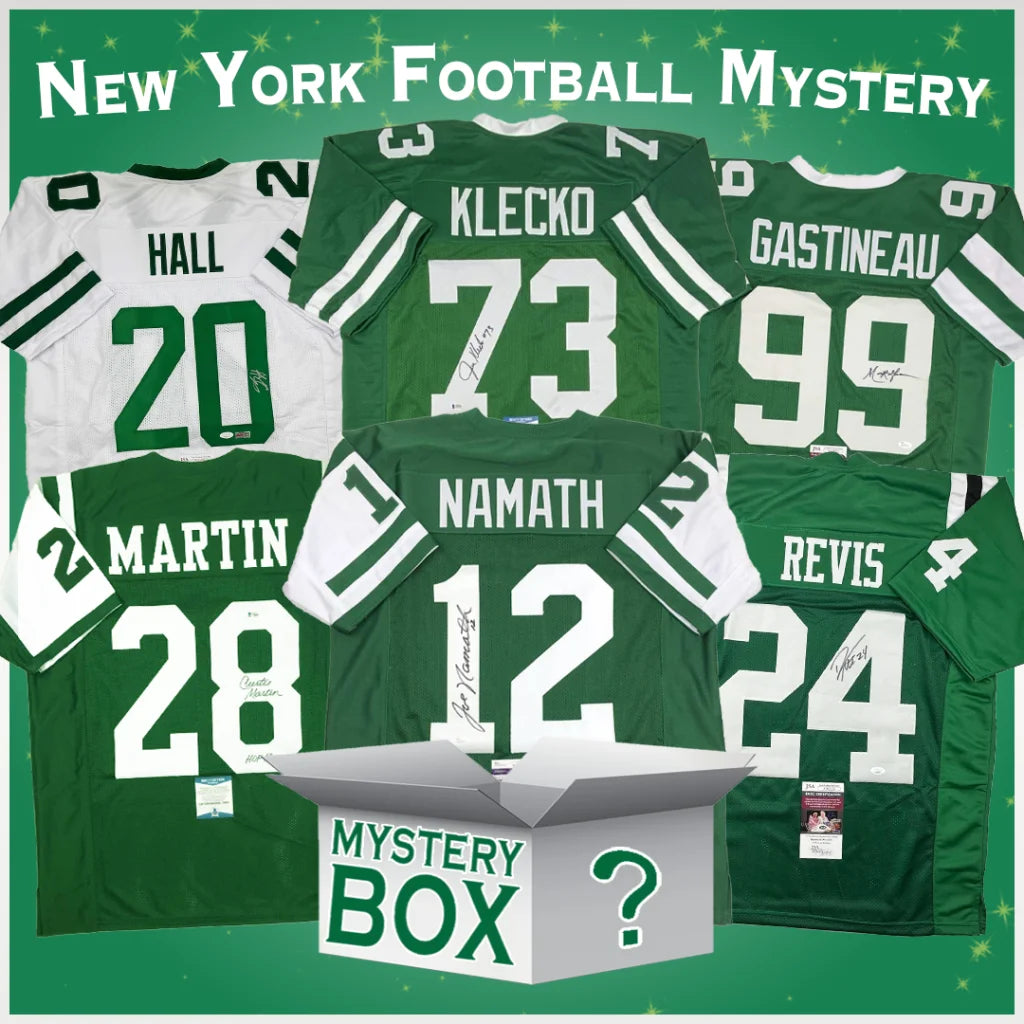 Autographed New York Jets football jerseys with Namath 12, Klecko 73