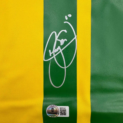 Green and yellow striped Neymar Jr Brazil jersey with silver autograph and third party authentication