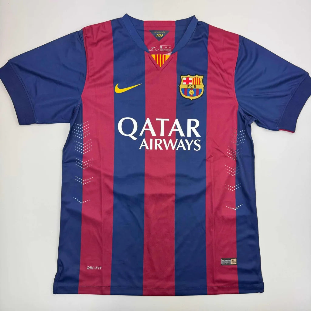 Men’s navy blue and maroon striped FC Barcelona custom jersey with Qatar Airways sponsor for professional sports collectors