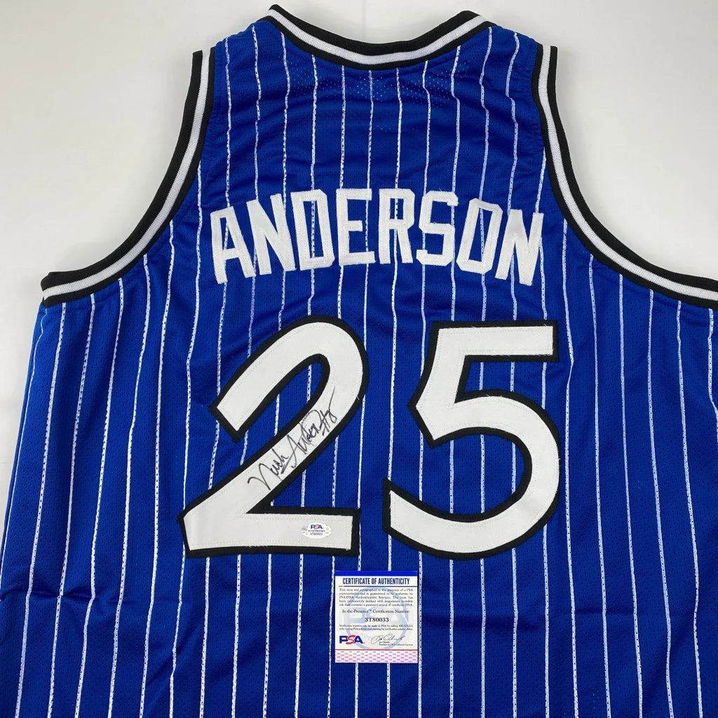 Blue and white pinstriped Anderson 25 jersey with third party authentication and autograph