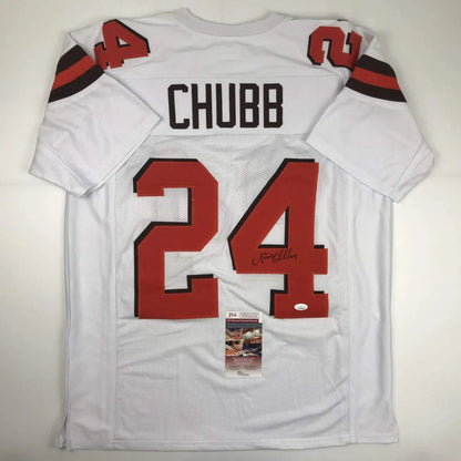 Back of a custom white nick chubb football jersey with red and black accents in professional sports league style