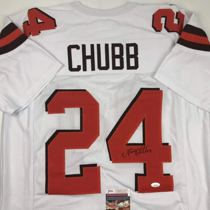 Back of a white custom football jersey with red and black numerals featuring chubb 24 from a professional sports league