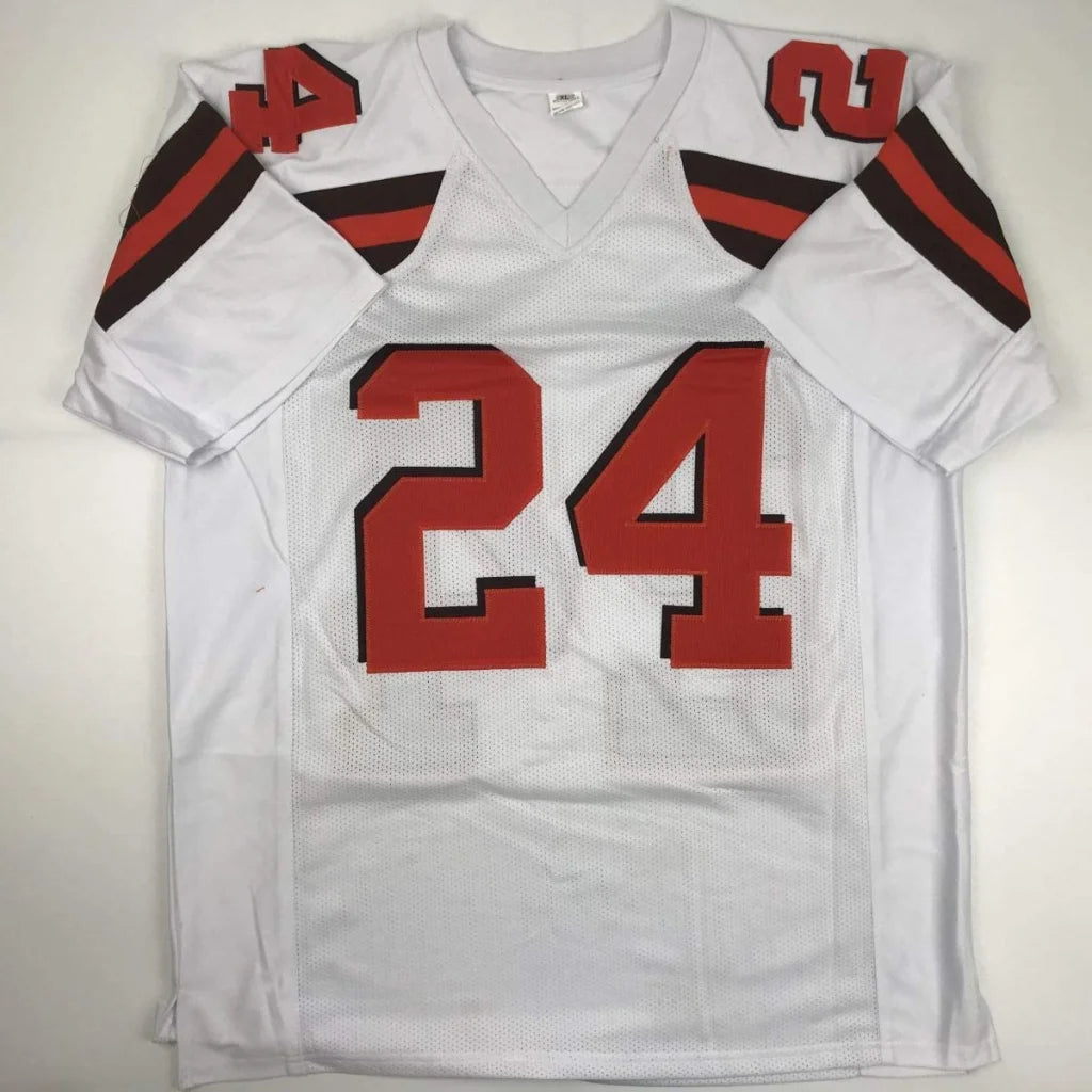 Autographed nick chubb cleveland custom jersey white football jersey with red and black accents from professional sports league