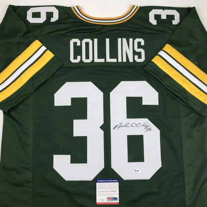 Back side of an autographed Nick Collins custom green and yellow Green Bay football jersey from a professional sports league
