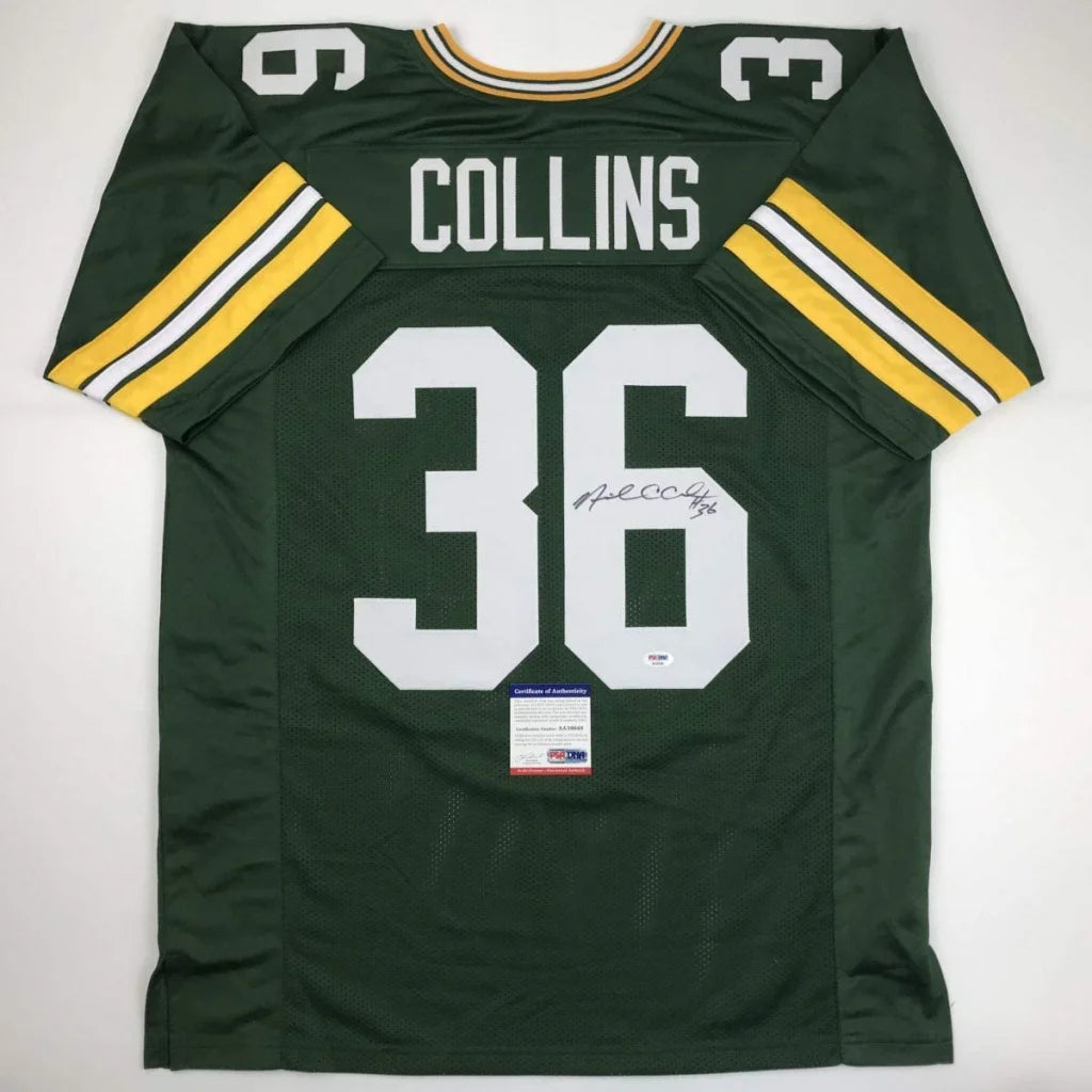 Back of green and gold custom jersey signed by nick collins number 36 from professional sports league with coa