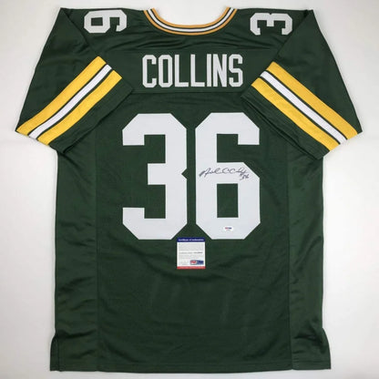 Back of green and gold custom jersey signed by nick collins number 36 from professional sports league with coa