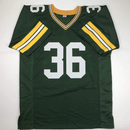 Autographed nick collins green bay custom jersey with white number 36 yellow sleeve stripes and v-neck collar for professional sports league fans