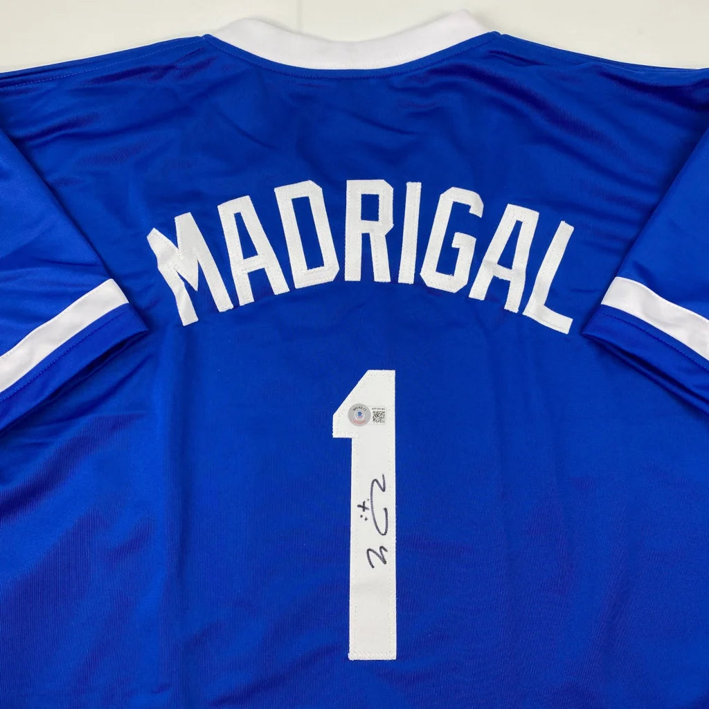 Blue custom jersey with MADRIGAL and 1 autograph for professional sports fans