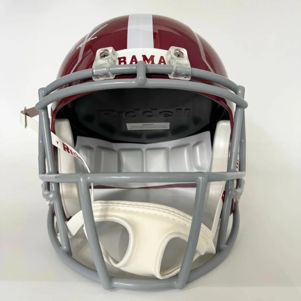 Autographed Nick Saban Alabama Crimson Tide full size maroon and white Riddell football helmet with gray faceguard
