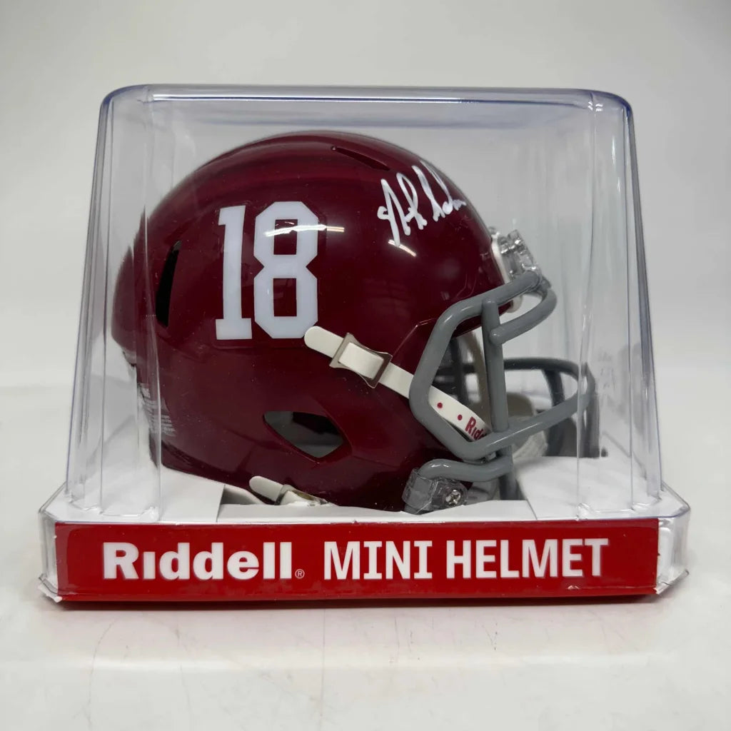 Maroon Alabama Crimson Tide mini helmet with white 18 number and signature, third party authentication