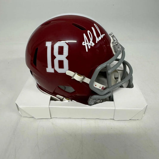 Maroon Alabama Crimson Tide helmet with 18 and autograph, third party authentication
