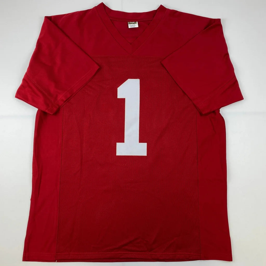 Red short-sleeved custom jersey with white 1 for Nick Saban Alabama signed football collectible