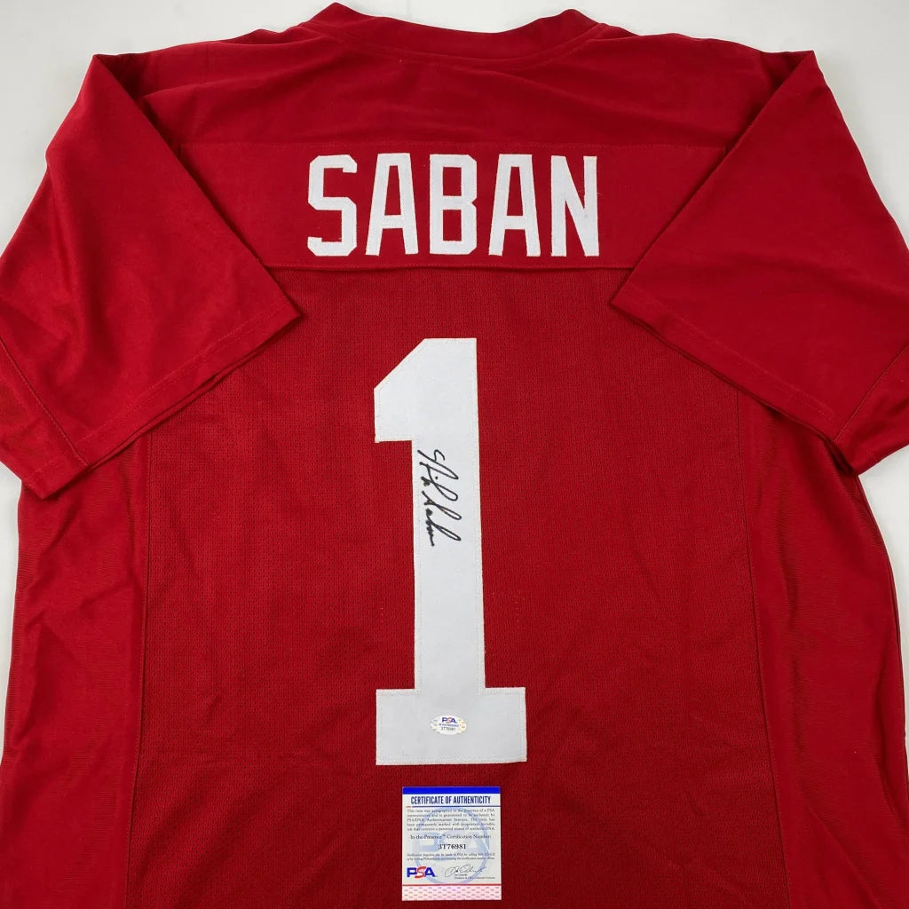 Red custom jersey with Nick Saban Alabama autograph, perfect for sports fans