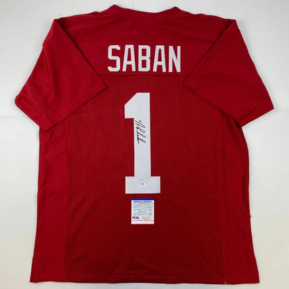 Custom Nick Saban Alabama signed red football jersey with autograph and certification sticker