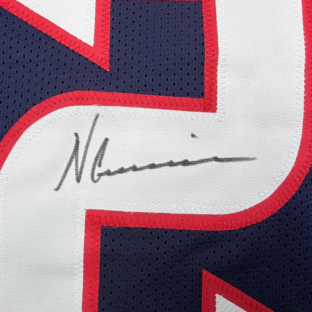 Navy blue white and red mesh custom jersey autographed by Nico Collins from professional sports league Houston Texans