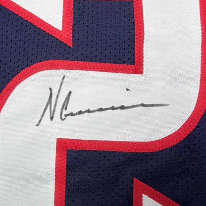 Navy blue white and red mesh custom jersey autographed by Nico Collins from professional sports league Houston Texans