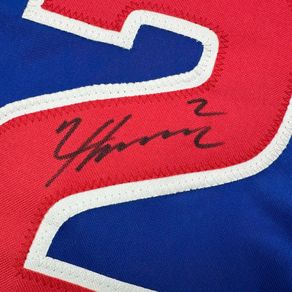 Autographed red and blue custom jersey signed by HOERNER, perfect for sports league fans