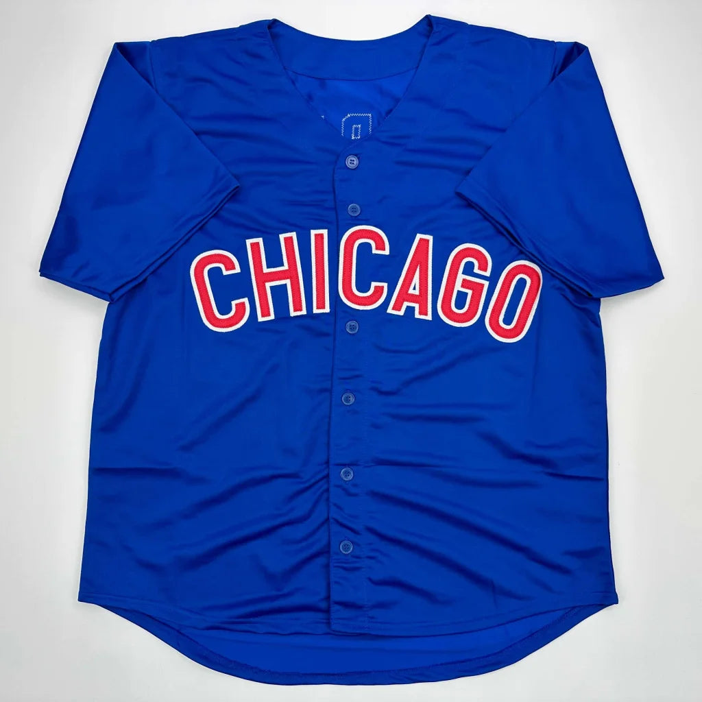 Blue custom jersey with CHICAGO in red and white, perfect for sports league fans