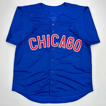 Blue custom jersey with CHICAGO in red and white, perfect for sports league fans