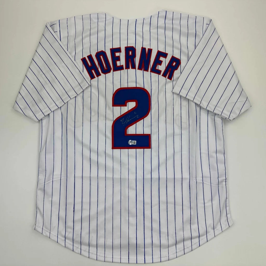 White custom jersey with blue pinstripes and large number 2 from professional sports league