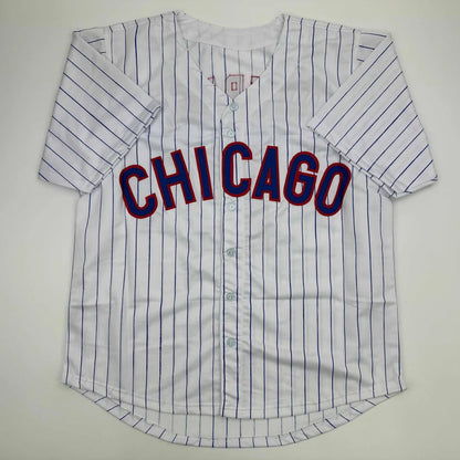 White pinstripe custom jersey with CHICAGO in red and blue for professional sports fans