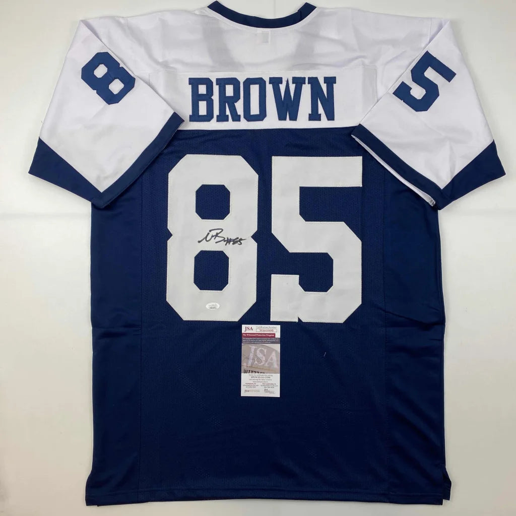 Back of autographed Noah Brown custom Dallas jersey, number 85, JSA COA