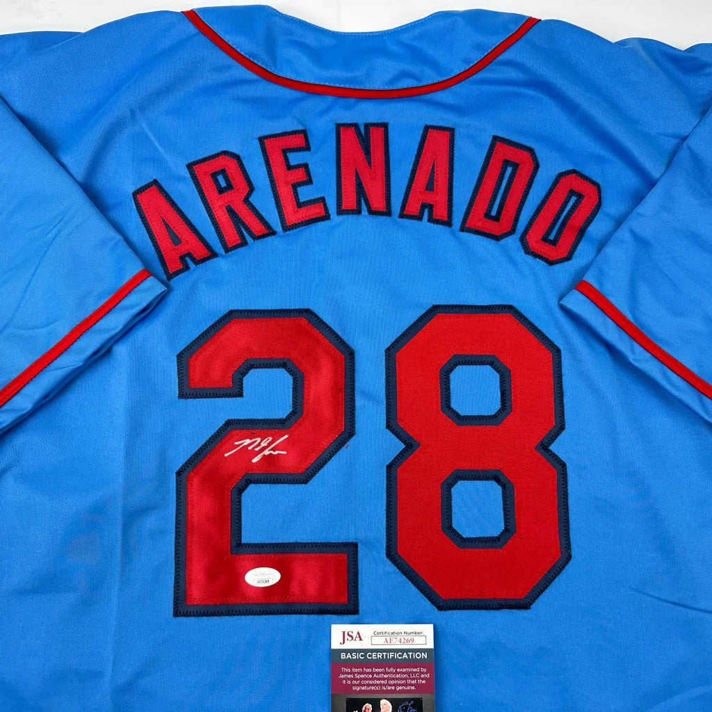 Autographed Nolan Arenado St. Louis Blue Baseball Jersey JSA COA | Certified Authentic Signed Memorabilia | vintageantiquesgifts.com