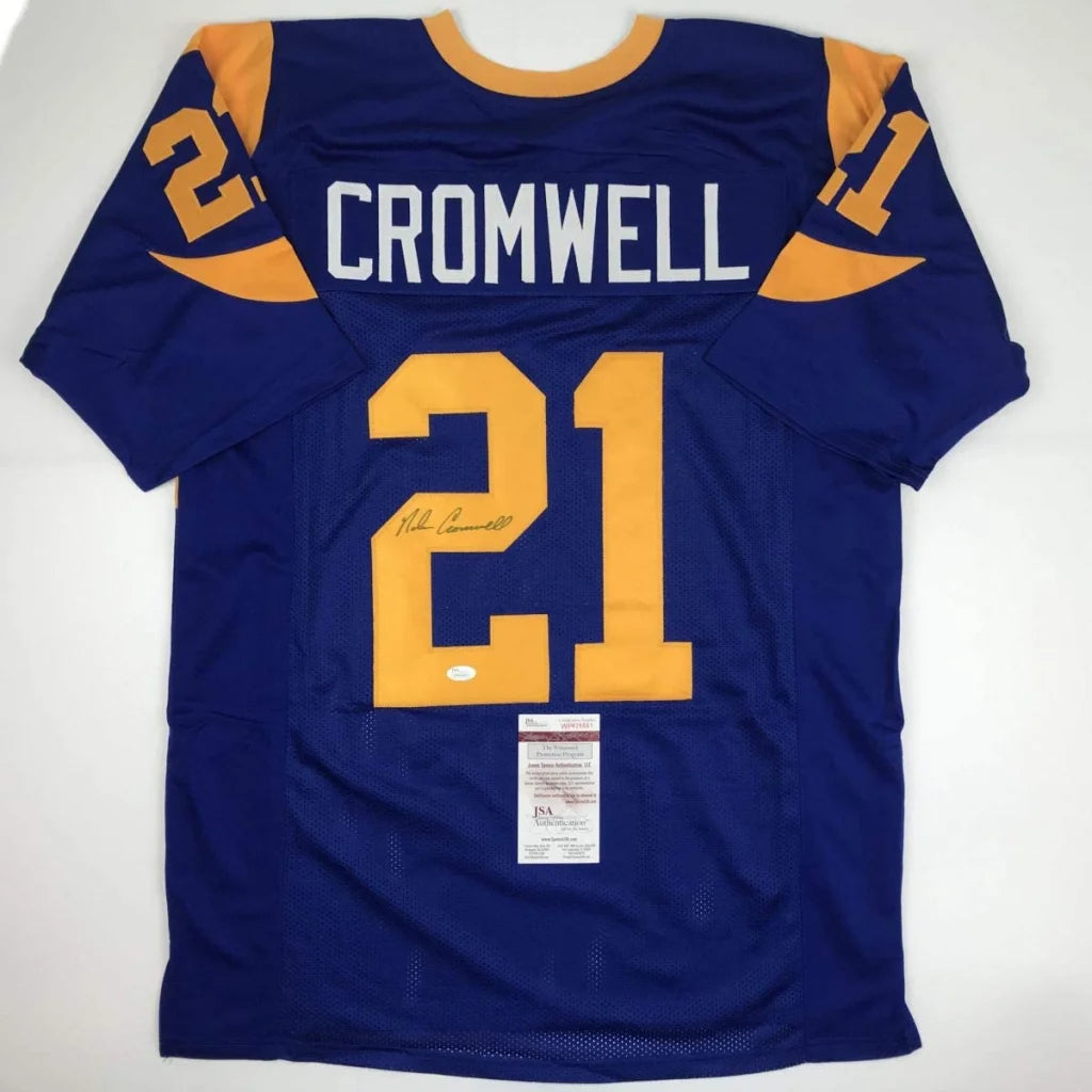 Autographed Nolan Cromwell custom jersey in blue and gold, number 21, JSA COA