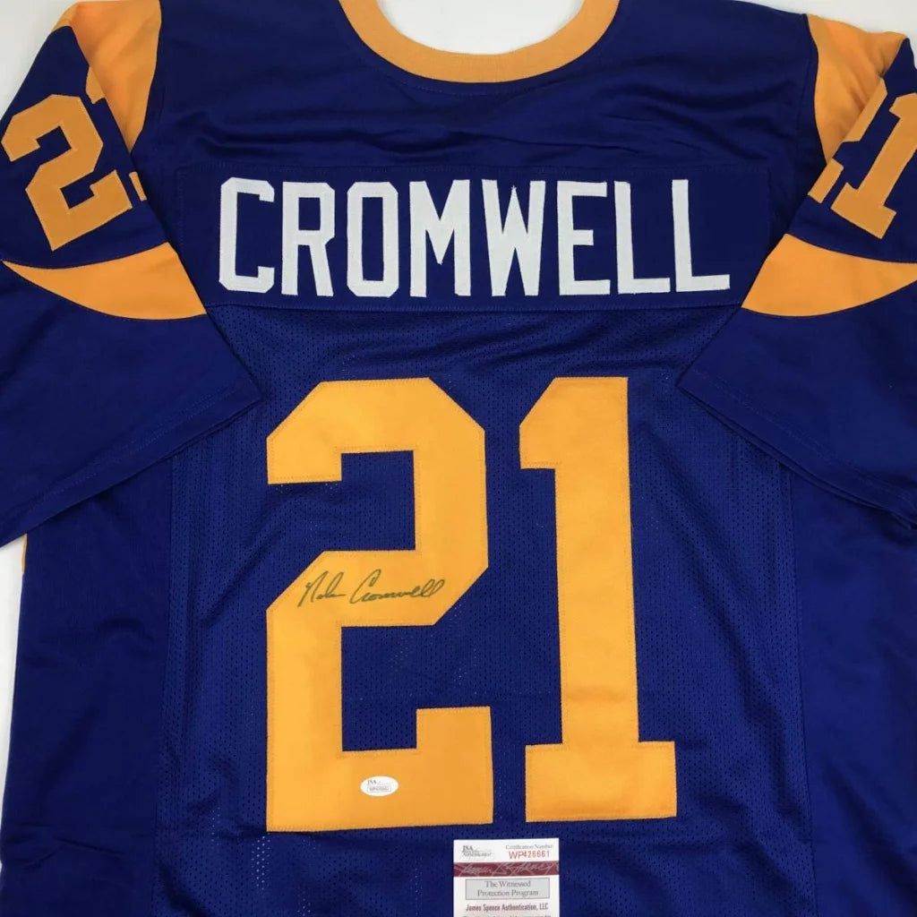 Autographed Nolan Cromwell blue custom jersey with gold accents, number 21, JSA COA