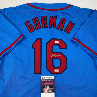 Autographed Nolan Gorman St. Louis Cardinals blue custom jersey with name and number 16, JSA COA