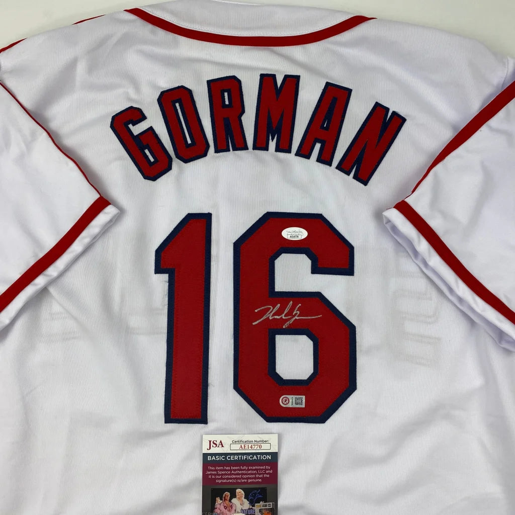 Autographed Nolan Gorman St. Louis White Baseball Jersey JSA COA | Certified Authentic Signed Memorabilia | vintageantiquesgifts.com