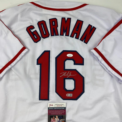 Autographed Nolan Gorman St. Louis White Baseball Jersey JSA COA | Certified Authentic Signed Memorabilia | vintageantiquesgifts.com