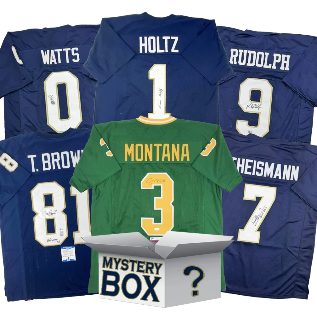 Autographed Notre Dame College Football Jersey Mystery Box with PSA JSA or Beckett COA | Hall of Fame Sports Memorabilia | vintageantiquesgifts.com