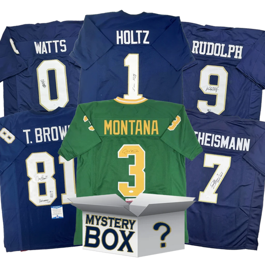 Autographed Notre Dame College Football Jersey Mystery Box with PSA JSA or Beckett COA | Hall of Fame Sports Memorabilia | vintageantiquesgifts.com