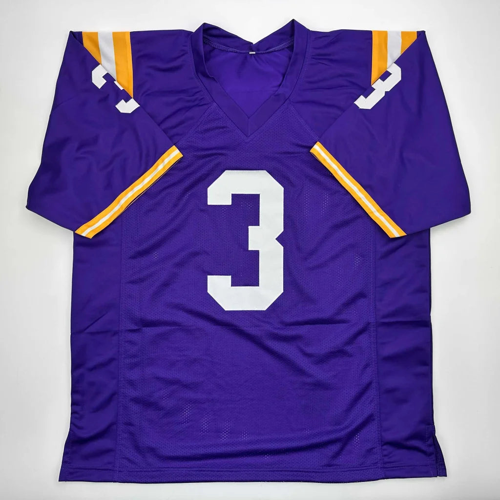 Purple Odell Beckham custom jersey with number 3, yellow accents, autograph