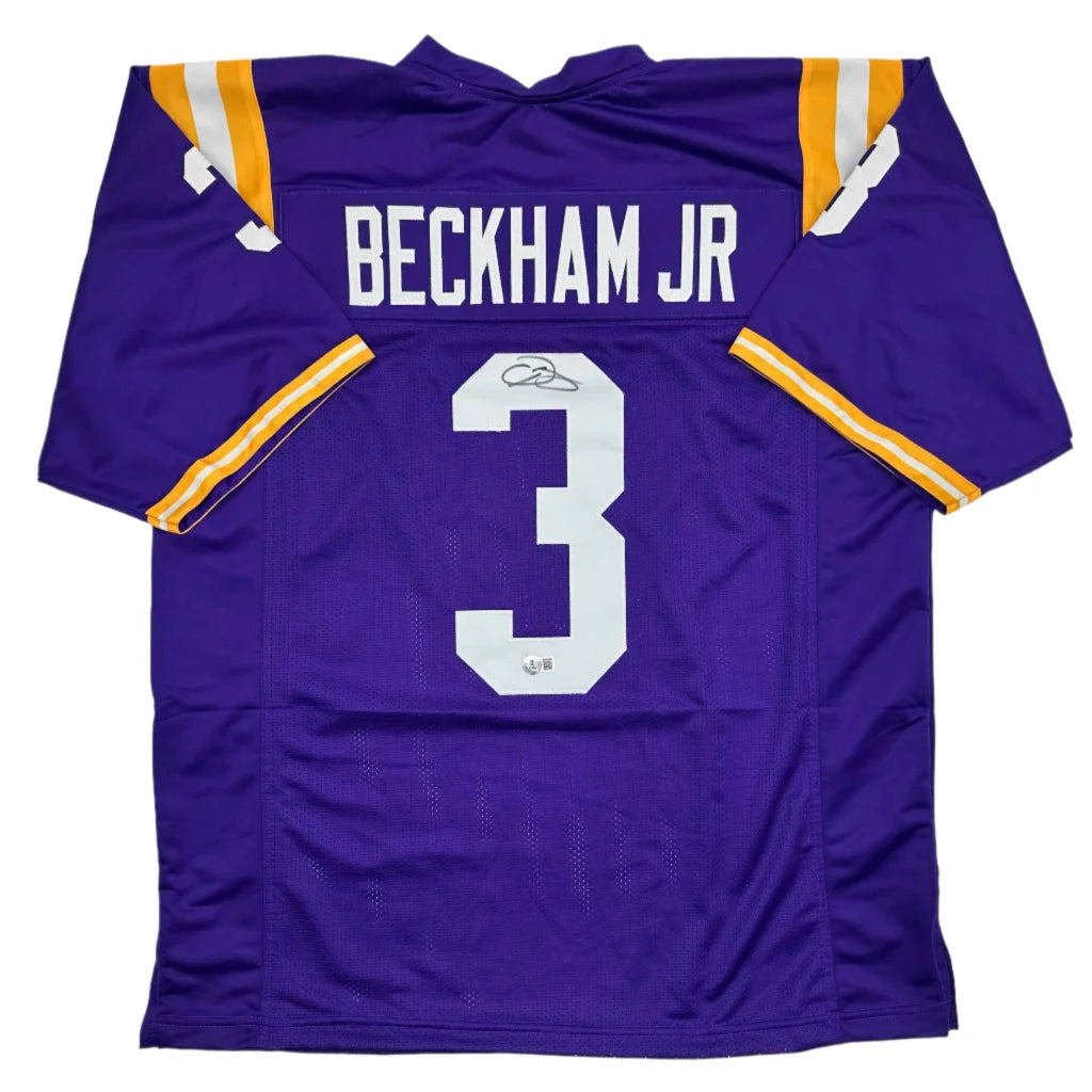 Odell Beckham custom jersey in purple with yellow accents and autograph