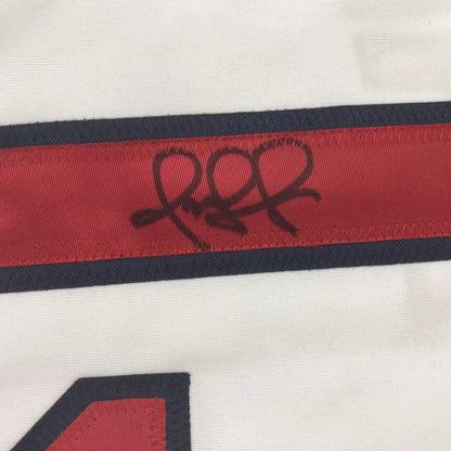 White custom jersey with red navy stripes and black autograph for professional sports fans