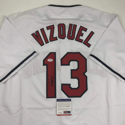 Autographed Omar Vizquel Cleveland White Baseball Jersey PSA/DNA COA | Certified Authentic Signed Memorabilia | vintageantiquesgifts.com