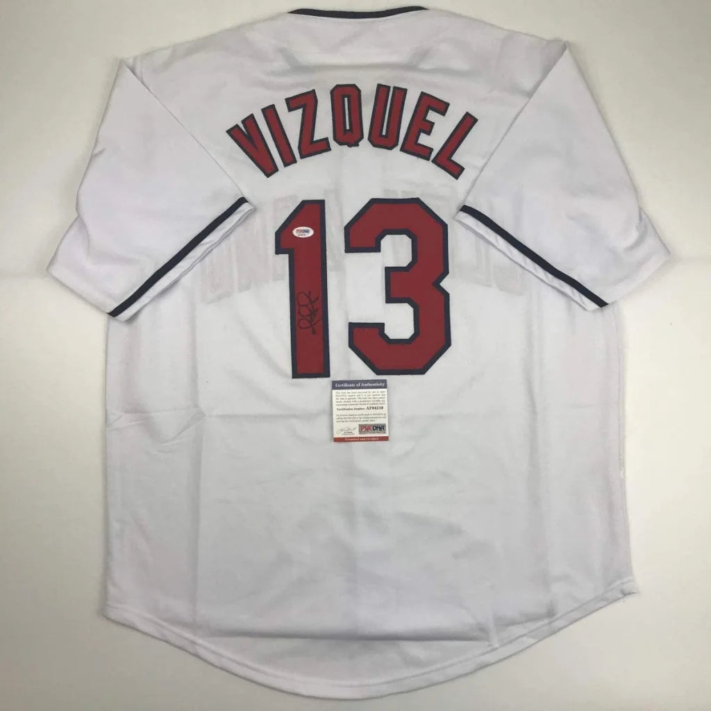 Autographed Omar Vizquel Cleveland White Baseball Jersey PSA/DNA COA | Hall of Fame Sports Memorabilia | vintageantiquesgifts.com